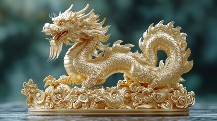 Fototapeta premium Golden dragon figurine on clouds