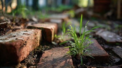 Wild grass emerges through aging garden bricks old garden nature photography overgrown environment...