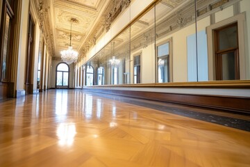 Elegant interior hallway with parquet floor and mirrored wall reflections