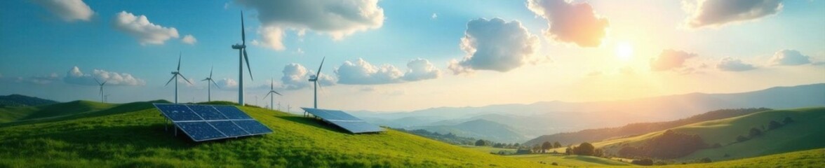 Wind turbines & solar panels on green hills, sunny sky, energy independence, power, blue sky