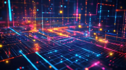 Obraz premium Abstract technology background with glowing lines and dots, representing digital connectivity, data flow, and modern network infrastructure in a vibrant, futuristic style.