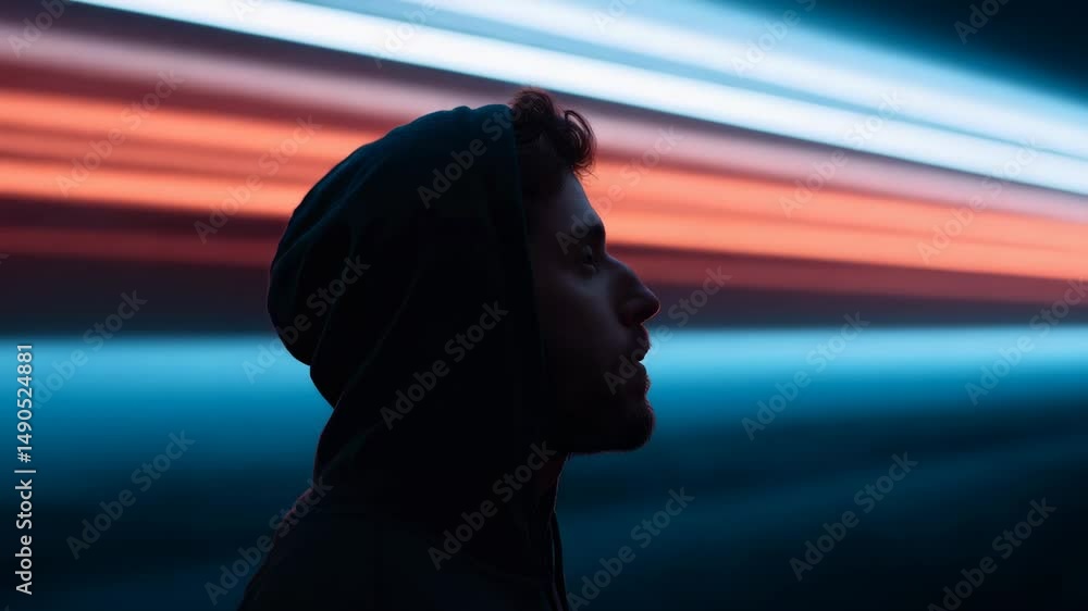 Poster man in silhouette with dynamic light trails in background captures the essence of urban energy and c