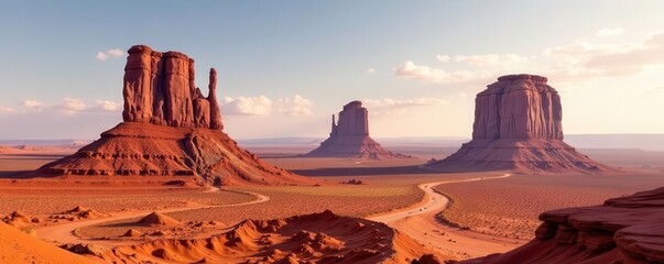 Towering sandstone buttes rise from arid desert floor, brown, cliffs, formation
