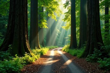 Fototapeta premium Twisting road through ancient redwoods, dappled light , image, shadows, majestic