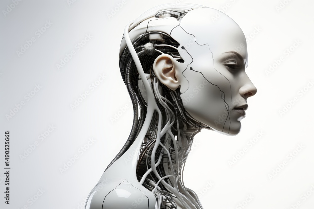 Aufkleber portrait of a robotic figure on a minimalist background capturing futuristic design elements