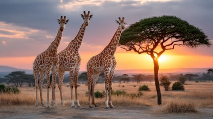 Giraffes at sunset in savanna