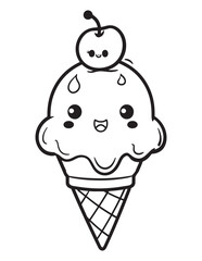 Kawaii Ice Cream Cone with Smiley Face - Summer Coloring Page