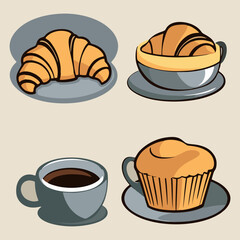 Traditional breakfast served with fresh croissants, buns, and artisan bread in bakery style