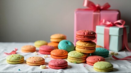 Pastel-colored macarons arranged near pink and light-blue gift boxes on a white surface, sprinkled with colorful candy.
