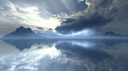 Tranquil lake with misty reflection, storm clouds breaking above