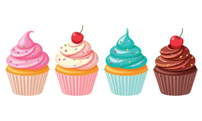 set of cupcakes isolated on white, vector illustration 