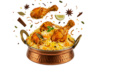 Spicy Chicken Biryani with Flying Food Effect - Aromatic chicken biryani, a flavorful rice dish