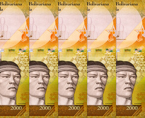 Banknote of 2000 bolivars of Venezuela with the image of Cacique Guaicaipuro, spears, masks. Money...
