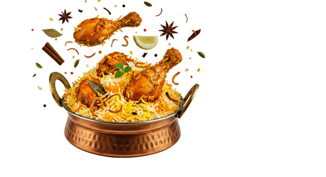 Spicy Chicken Biryani with Flying Food Effect - Aromatic chicken biryani, a flavorful rice dish