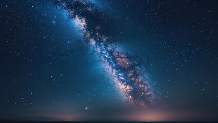 Milky way galaxy shining over horizon at night with shooting star