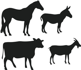 Set of farm animal silhouettes, including horse, donkey, cow, and goat, black vector illustration for agriculture and livestock designs
