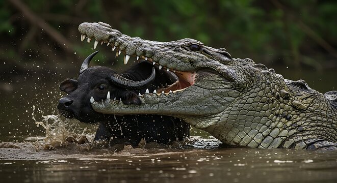 Crocodile attacks water buffalo in river