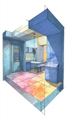 A modern kitchen design in vibrant colors.