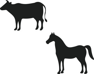 Silhouettes of cow and horse, black vector illustrations for farm, livestock, and agricultural designs
