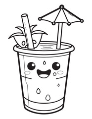Kawaii Summer Drink with Umbrella and Strawberry - Cute Beverage Coloring Page