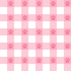 Seamless pink and white checkerboard pattern with adorable paw prints