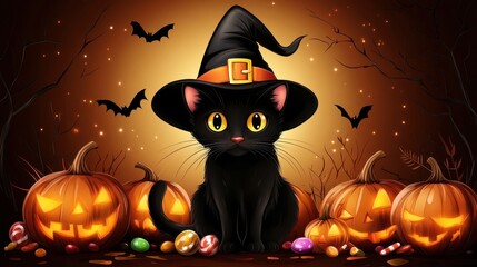 Black cat wearing a witch hat surrounded by glowing jack o lanterns, candy, and bats for Halloween. Festive autumn scene with holiday decorations and spooky vibes.