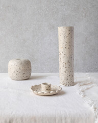 Selection of handmade ceramic pieces, vases, bowls, candleholders, cups and plates