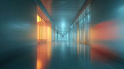 Minimalist medical corridor with abstract blur, conveying serenity and modern efficiency in healthcare spaces.