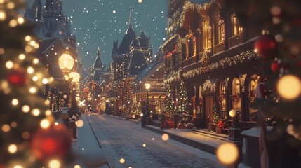 Festive Winter Townscape with Holiday Decorations and Snowy Street