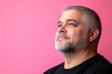 Classy men's buzz cut haircut - midlife white man with blond hair. A man with timeless elegance and a natural smile. Visual idea of style for aging men. Pink solid background.