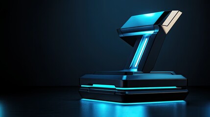 Obraz premium Futuristic Blue Glow Display Stand with Sleek Design and Modern Aesthetic for Technology Showcases and Product Presentations