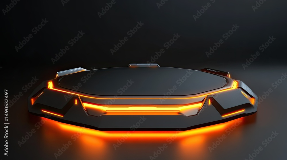 Poster futuristic black and orange display platform with smooth surface and glowing edges for product showc