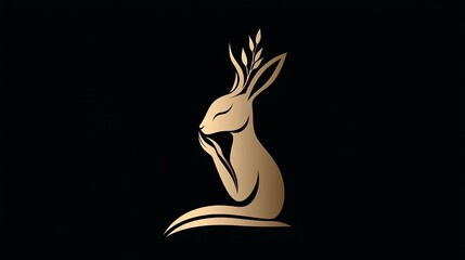 Naklejka premium Golden hare in a meditative pose with plant-like antlers