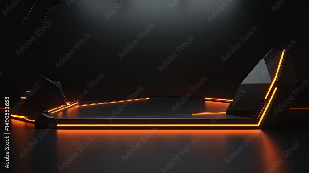 Poster futuristic 3d scene with angular shapes illuminated by glowing orange lines in a dark environment, m