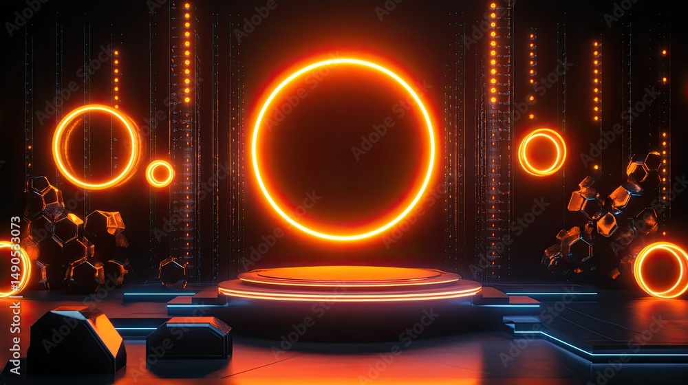 Poster futuristic neon stage with glowing circles and geometric shapes in an illuminated setting for techno