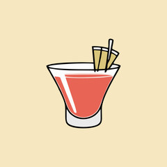 Vector cocktail glass with refreshing drink, fruit decoration, and straw on a plain white background