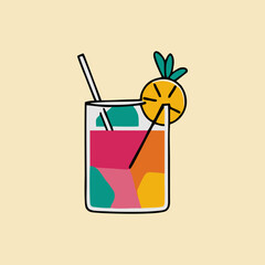 Simple cocktail vector icon showing glass with garnish and straw isolated on white backdrop