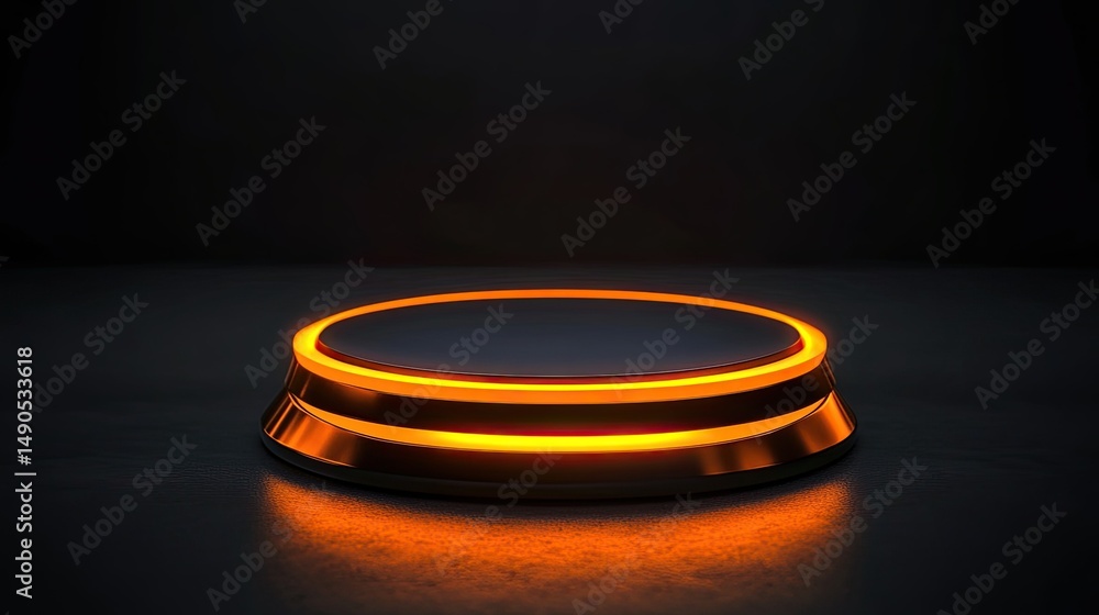 Poster illuminated circular platform with orange glow on dark background for displaying products or creativ