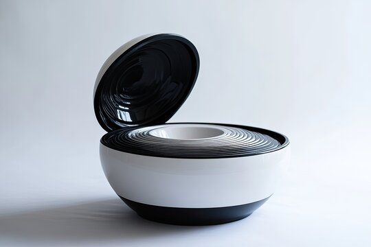 A set of nesting bowls, white and black, with a unique spherical design; the top bowl is ajar, revealing the graded sizes within