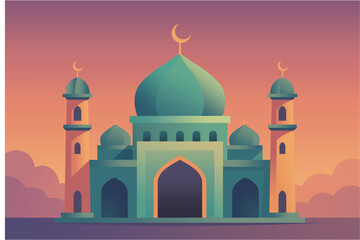 Islamic mosque in afternoon flat design vector. A flat vector style image of a mosque in sunset
