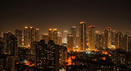 Fototapeta premium City Skyline at Night with Illuminated Buildings and Dark Sky