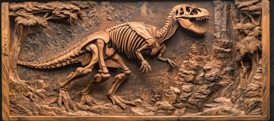 Naklejka premium Intricate Wooden Carving of a Tyrannosaurus Rex Skeleton in a Prehistoric Landscape