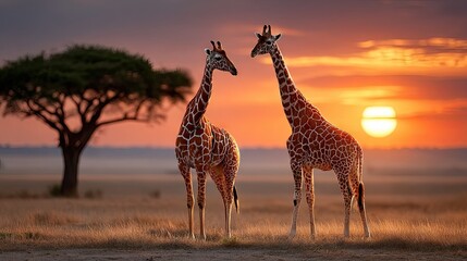 Obraz premium Giraffes sunset savanna