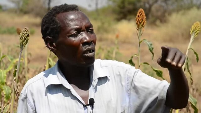 African farmer gesturing in sorghum field