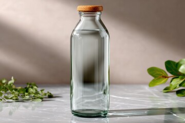 Studio photography of a clear glass bottle mockup with a simple cylindrical shape