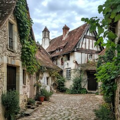 Fototapeta premium Picturesque cobblestone street in a charming French village, showcasing aged stone houses with lush greenery