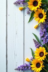 Sun-drenched purple sage & sunflowers on rustic white wood planks, wooden, background, floral
