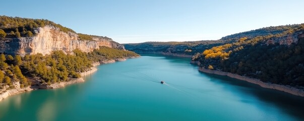 Obraz premium Picturesque river flowing between rocky cliffs scenic natural environment aerial view