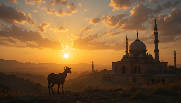 sunset in Eid al adha celebrate with Goat and mosque with yellow background