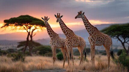 Obraz premium Giraffes sunset savanna landscape